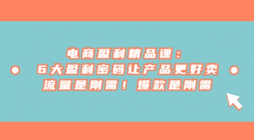 【副业项目7132期】电商盈利精品课：6大盈利，密码让产品更好卖，流量是刚需-E创连盟